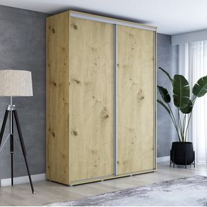 Hoge kledingkast met 2 schuifdeuren - 110 x 242 x 61 cm - decor: ambachtelijk eiken - bruin - Aluminium handgrepen - Interieur met legplanken - en roede - 2 laden - Ergonomische grote schuifkast - Hoge kwaliteitsgarantie - Maja