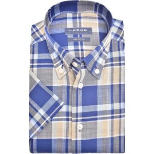 Ledub modern fit overhemd - korte mouw - donkerblauw met beige en wit geruit - Strijkvriendelijk - Boordmaat: 41