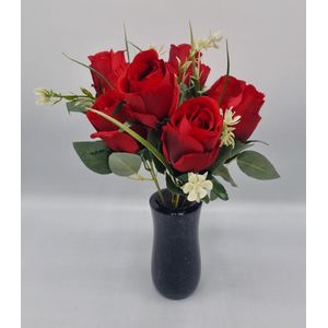 Boeket - Roos - U958-m1 - 34cm - Rood - 7 bloemen - Grafdecoratie - Zijdenbloemen - Kunstbloemen
