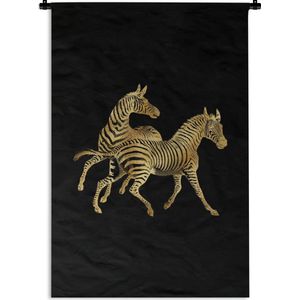 Wandkleed Vintage Afrikaanse dieren - Vintage afbeelding van Afrikaanse zebra's in het goud op een zwarte achtergrond Wandkleed katoen 60x90 cm - Wandtapijt met foto