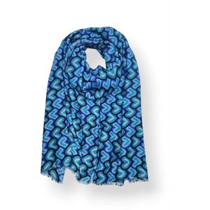 Lange dames sjaal Vajenne fantasiemotief hartjesmotief blauw grijs zwart koningsblauw turquoise