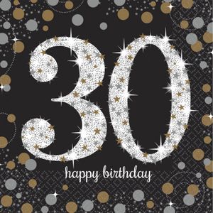 32x stuks 30 jaar verjaardag feest servetten zwart met confetti print 33 x 33 cm - Wegwerp servetjes