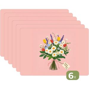 Placemats - 6 stuks - 45x30 cm - Placemat kunststof - Bloemen - Lint - Kaartje - Borden onderleggers - Decoratie voor op tafel - Keuken tafeldecoratie accessoires - Vinyl onderlegger - Tafelversiering