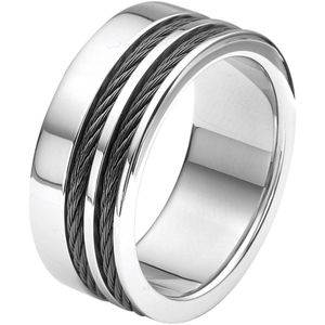 Lucardi Heren Ring met zwarte kabels - Ring - Cadeau - Vaderdag - Staal - Zilverkleurig