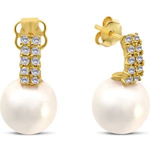 Silventi 9NBSAM-G230279 Gouden Oorknopjes met Parel en Zirkonia - Parel 7mm - 12,5mm Totaal Lengte - 14 Karaat - Goud