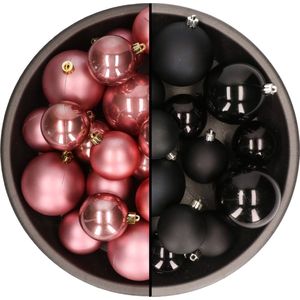 Kerstversiering kunststof kerstballen kleuren mix zwart/oud roze 6-8-10 cm pakket van 44x stuks