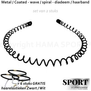 SPORT® - Diadeem / Haarband - 2 stuks - zwart wave spiraal veer metaal + 6 stuks GRATIS haarelastieken - casual sport - unisex