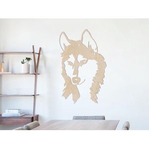 HOUTEN WANDDECORATIE / WOODEN WALL DECORATION - MUURDECORATIE / WALL ART - HUSKY - 93cm x 145cm - LICHT HOUT / NATURAL WOOD - DESIGN WANDFIGUUR - TRENDY & HIP WONEN - CADEAU / GIFT / GESCHENK - HONDEN / DOGS - DIEREN