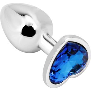 PLGZ - Hartvormige Metalen Buttplug - Zilver - Blauwe Siersteen - Verkrijgbaar in 3 maten Large