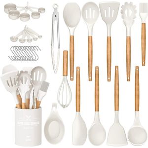 Keukengerei Set, LVEON 33-delige niet-stick siliconen kookgerei spatel set, met beugel, houten handvat siliconen keuken kleine gereedschapsset (wit)