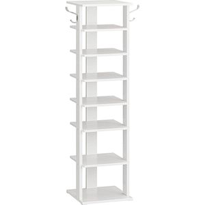 Schoenenrek met 8 niveaus, smal schoenenrek, schoenenkast met 2 haken, opbergplanken, schoen organisator, ruimtebesparend, voor entree, hal, slaapkamer, wit