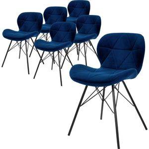 ML-Design set van 6 eetkamerstoelen met rugleuning, blauw, keukenstoel met fluwelen bekleding, gestoffeerde stoel met metalen poten, ergonomische stoel voor eettafel, woonkamerstoel keukenstoelen