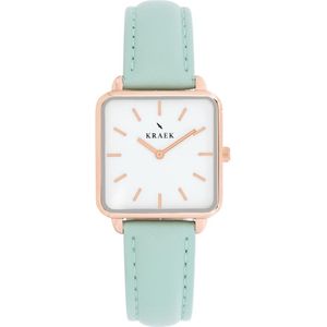 KRAEK Julietta Rosé Goud Wit 28 mm | Dames Horloge | Groen Leren horlogebandje | Vierkant | Minimaal Design