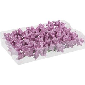 108x Roze glitter mini sterretjes stekers kunststof 4 cm - Kerststukje maken onderdelen