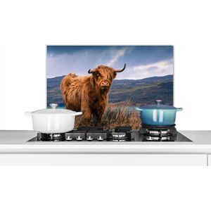 Spatscherm keuken 60x40 cm - Kookplaat achterwand Schotse Hooglander - Berg - Water - Natuur - Koe - Muurbeschermer - Spatwand fornuis - Hoogwaardig aluminium