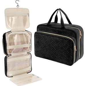 4 Sections Hanging Cosmetic Bag - Large Travel Toiletry Bag for Women - Portable Makeup Storage Case Organizer for Full-sized Toiletries Brush Set Accessories