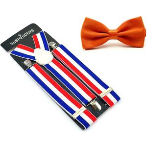 Bretels rood wit blauw - inclusief vlinderdas oranje - met stevige clip - bretels - vlinderdas - strik – strikje - luxe - heren - unisex - koningsdag