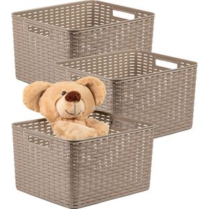 Plasticforte Opbergmand - 3x - Kastmand - rotan kunststof - taupe - 28 Liter - 34 x 40 x 23 cm