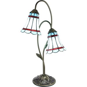 HAES DECO - Tiffany Tafellamp 61 cm Blauw Bruin Glas Tiffany Bureaulamp Tiffany Lampen Glas in Lood