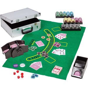 Poker - Pokerset - Pro Poker set 300 chips - Poker chips - Poker fiches - Poker kaarten - Poker koffer - Kaartschudmachine - Inclusief koffer - 31.5 x 26 x 16.5 cm - Zilver