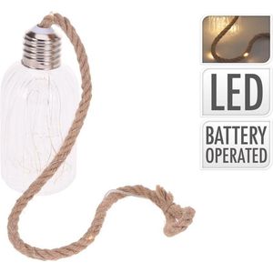 Glazen lamp - 20 LED- stoer touw- werkt op Batterij (niet incl)