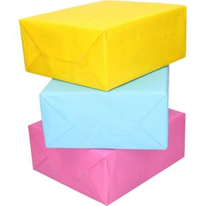 3x Rollen kraft inpakpapier geel/lichtblauw/roze 200 x 70 cm - cadeaupapier / kadopapier / boeken kaften