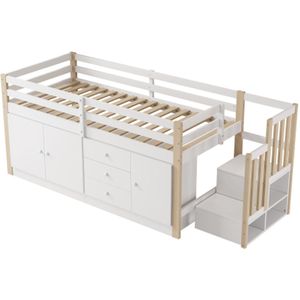 Gotagee Hoogslaper 90x200cm, kinderbed, eenpersoonsbed, multifunctioneel kinderbed, met trap, met lades, met 2 opbergkasten en kledingroede, zonder matras, wit