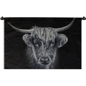 Wandkleed Schotse Hooglanders  - Schotse hooglander op een zwarte achtergrond in zwart-wit Wandkleed katoen 120x80 cm - Wandtapijt met foto