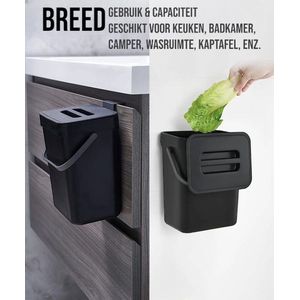 Afvalbak - Mat Zwart - 5 Liter Compostbak / Prullenbak voor Aanrecht - Hangend en Staand - Inclusief 1 Rol Vuilniszak - Keuken