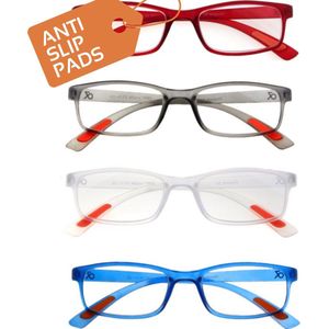 Amazotti Milano Leesbrillen +2.50 – Leesbril met sterkte – Dames en Heren – Kunststof – Rood, Grijs, Transparant, Aquamarijn – Set van 4