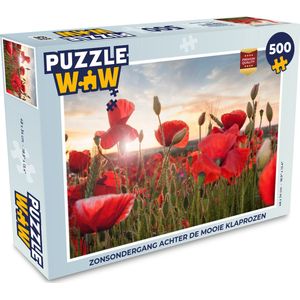 Puzzel Zonsondergang achter de mooie Klaprozen - Legpuzzel - Puzzel 500 stukjes