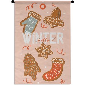 Wandkleed Quotes voor thuis - Quote voor thuis 'Hello winter' met peperkoeken Wandkleed katoen 60x90 cm - Wandtapijt met foto