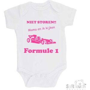 100% katoenen Romper ""Niet storen!! Mama en ik kijken Formule 1"" Meisjes Katoen Wit/roze Maat 56/62