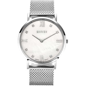 ZINZI Roman horloge witte parelmoer wijzerplaat, witte zirconia's bij uuraanduiding, stalen mesh band 34mm extra dun ZIW521M