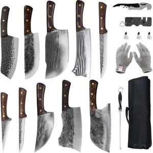16-delige slagersmessenset, handgesmede koksmes, uitbeenmes, keukenmes, snijmes van koolstofstaal, vismes, koksmessenset voor kamperen en barbecueën