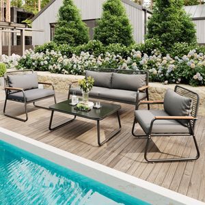 Sweiko Tuin Loungeset - Sofa-tafelset voor 4 personen - Gehard glazen tafelblad - Verstelbare tafelpoten - Inclusief kussens - Grijs