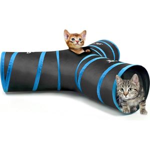 Premium 3-Way Extensible Collapsible Cat Tunnel Tube Interactive Toy Maze - Cat Play Tent House Bed with Balls and Bells for Cat Puppy Kitten Rabbit Black Light Blue