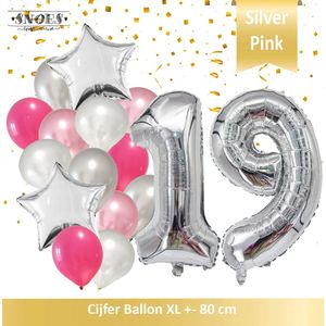 Cijfer Ballon 19 Jaar Zilver Roze White Pearl Boeket * Hoera 19 Jaar Verjaardag Decoratie Set van 15 Ballonnen * 80 cm Verjaardag Nummer Ballon * Snoes * Verjaardag Versiering * Verjaardag Decoratie * Silver Pink Pearl White* Nummer Ballon 19