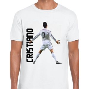 CR7 Uniseks T-Shirt - wit text zwart- Maat L - Korte mouwen - Ronde hals - Normale pasvorm - Cristiano ronaldo - Voetbal - Voor mannen & vrouwen - Kado - Veldman prints & packaging