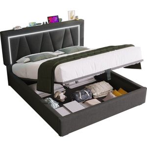 Merax Queensize Tweepersoonsbed met Hydraulische Opbergruimte en USB-C Aansluiting - Bed met LED-Verlichting - Grijs