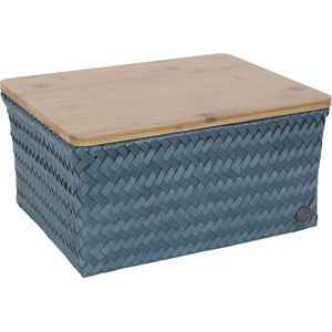 Basket rectangular steel blue large with bamboo cover