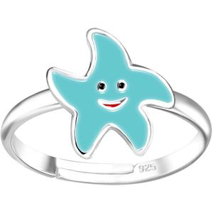 Joy|S - Zilveren zeester ring - verstelbaar - turquoise blauwe ster - voor kinderen
