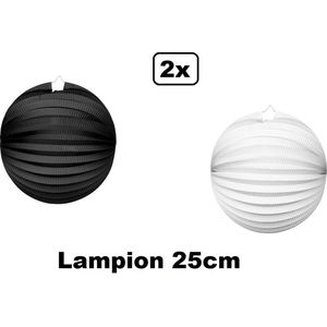 2x Lampion zwart en wit 25cm - Black and white - festival thema feest tropical verjaardag party papier BBQ strand licht fun