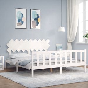 The Living Store Massief Grenen Bedframe - 205.5 x 185.5 x 80.5 cm - Wit - Geschikt voor 180 x 200 cm matras - Multiplex lattenbodem - Functioneel hoofd- en voeteneinde - Montage vereist