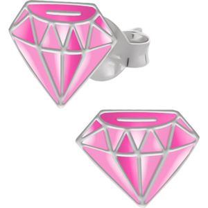 Oorbellen meisjes zilver | Zilveren oorstekers, roze diamant