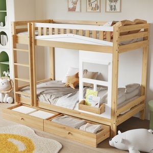 Sweiko Stapelbed - 90x200 cm - 2 laden - Opbergruimte - Den + MDF - Wit + natuurlijke