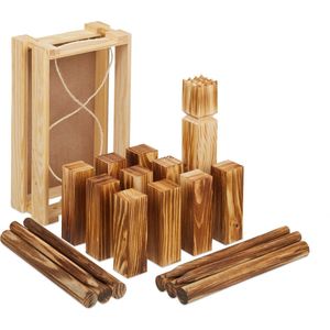 Relaxdays Kubb spel - werpspel - 21 speelfiguren - buitenspel - houten blokken - met kist
