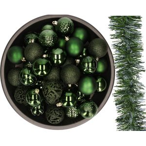 Kerstversiering set - donkergroen - 37x kerstballen 6 cm en kerstslinger - kunststof