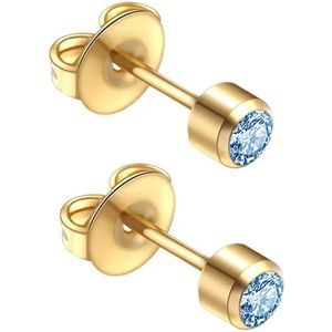 Caflon 4mm 24K gold plated oorknopjes voor oorschieter hypoallergeen steriel verpakt goudkleurig met licht blauw aquamarijn steentje geboortesteen maart