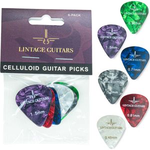 6 Stuks Plectrum Mix - 0.46 t/m 1.50 Plectrum - Celluloid Guitar Picks - Lintage Guitars®